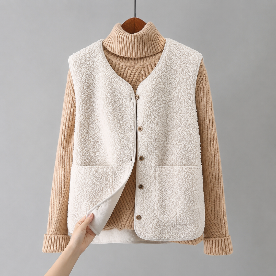 Anamartinezmadrid Lucero | Cárdigan sin Mangas de Borreguito con Bolsillos – Beige