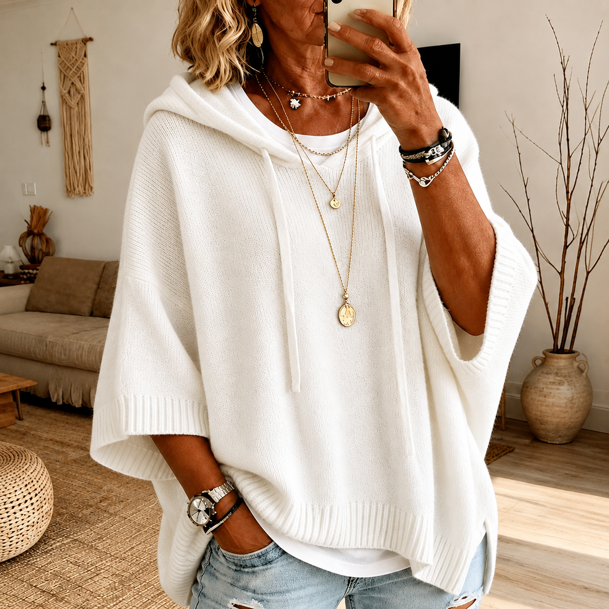 Anamartinezmadrid Jazmín | Jersey Poncho con Capucha en Blanco