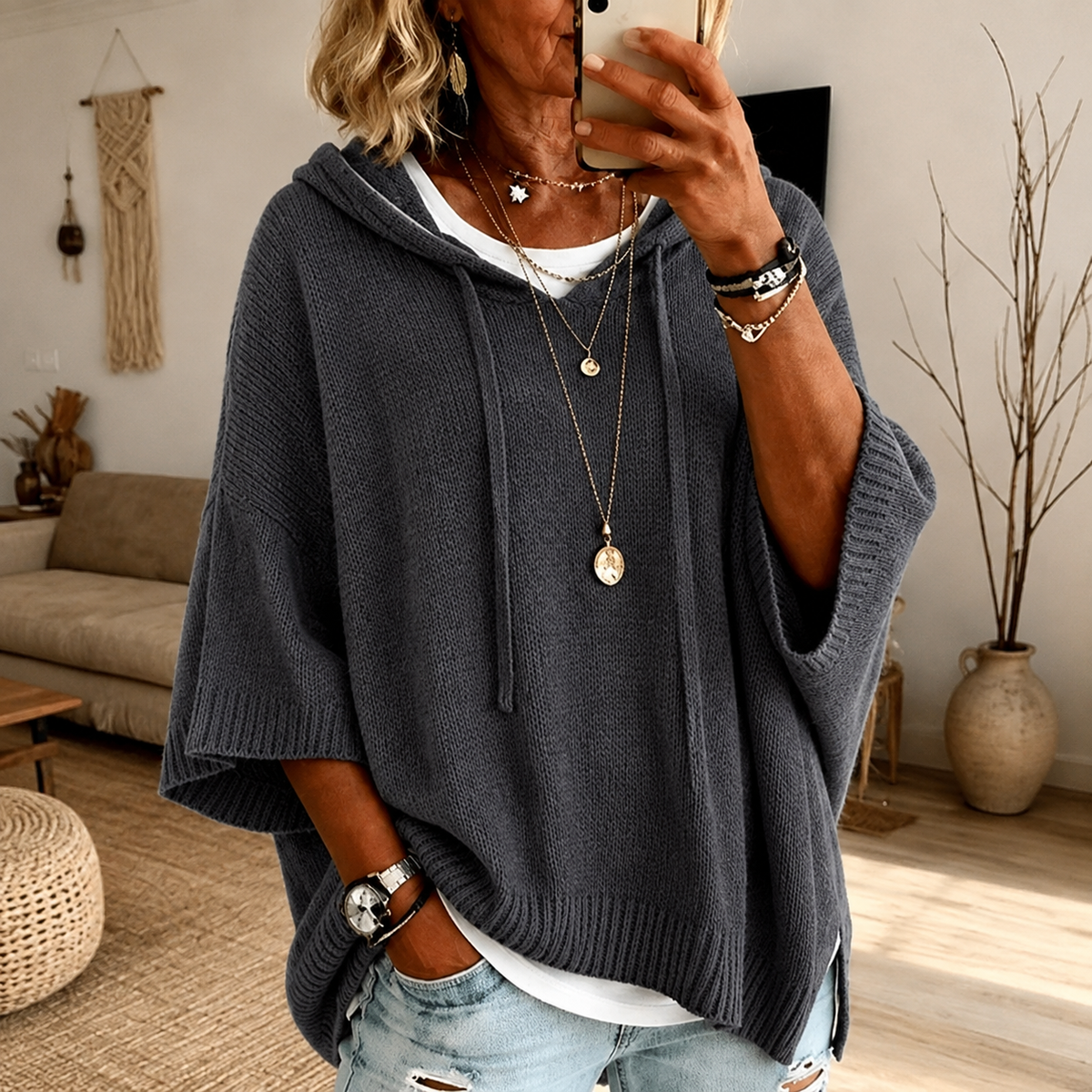 Anamartinezmadrid Gala | Jersey Poncho con Capucha en Gris Marengo