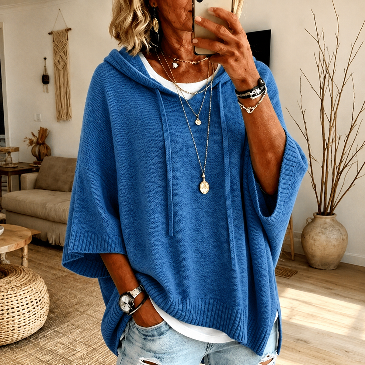 Anamartinezmadrid Azahara | Jersey Poncho con Capucha en Azul