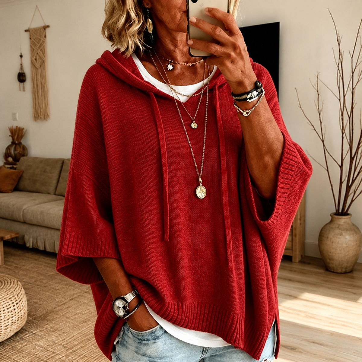 Anamartinezmadrid Carina | Jersey Poncho con Capucha en Rojo