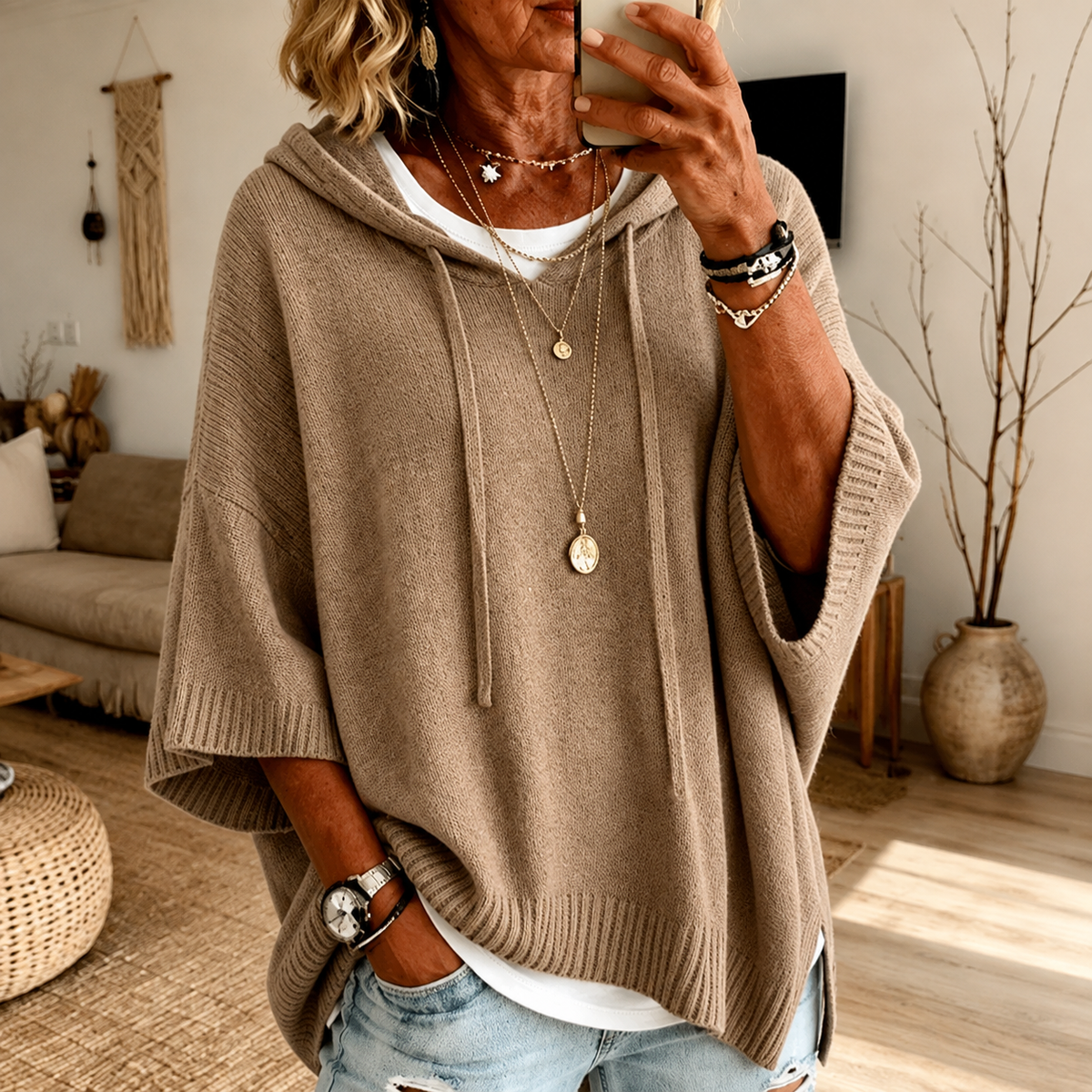 Anamartinezmadrid Malena | Jersey Poncho con Capucha en Topo