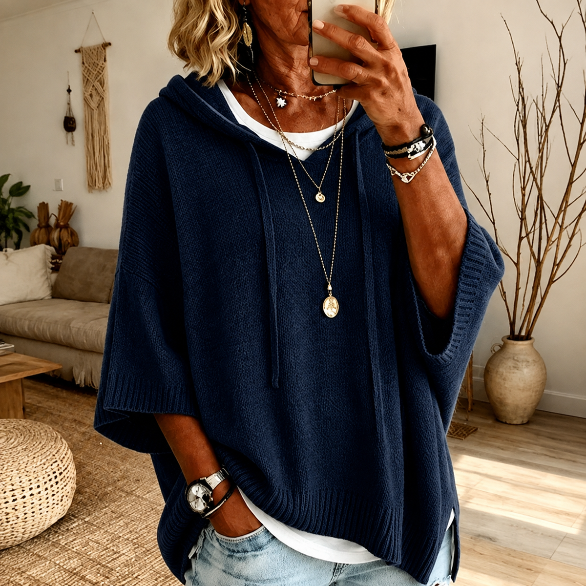 Anamartinezmadrid Juliana | Jersey Poncho con Capucha en Azul Marino