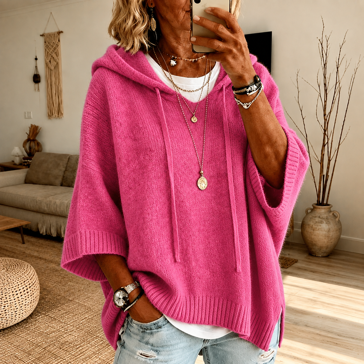 Anamartinezmadrid Dalia | Jersey Poncho con Capucha en Rosa