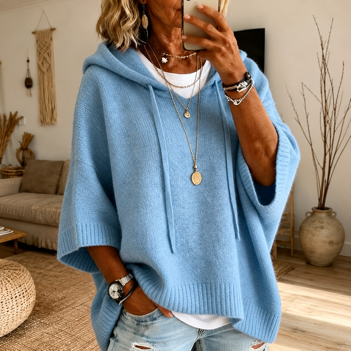 Anamartinezmadrid Laura | Jersey Poncho con Capucha en Azul Cielo