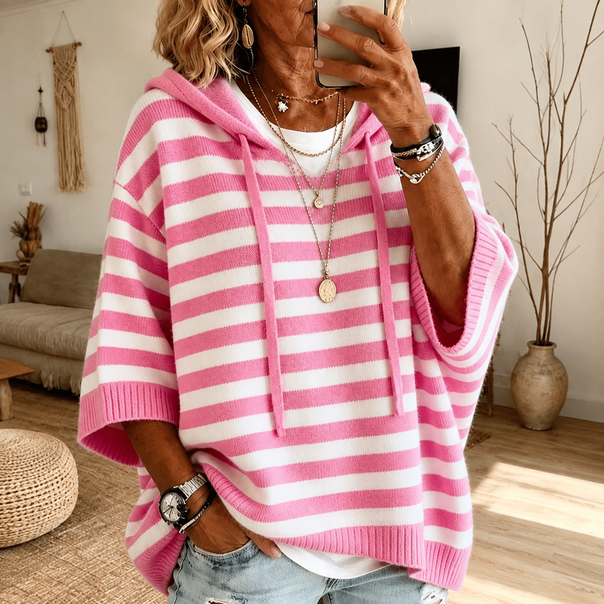 Anamartinezmadrid Emma | Jersey Poncho de Rayas con Capucha en Rosa