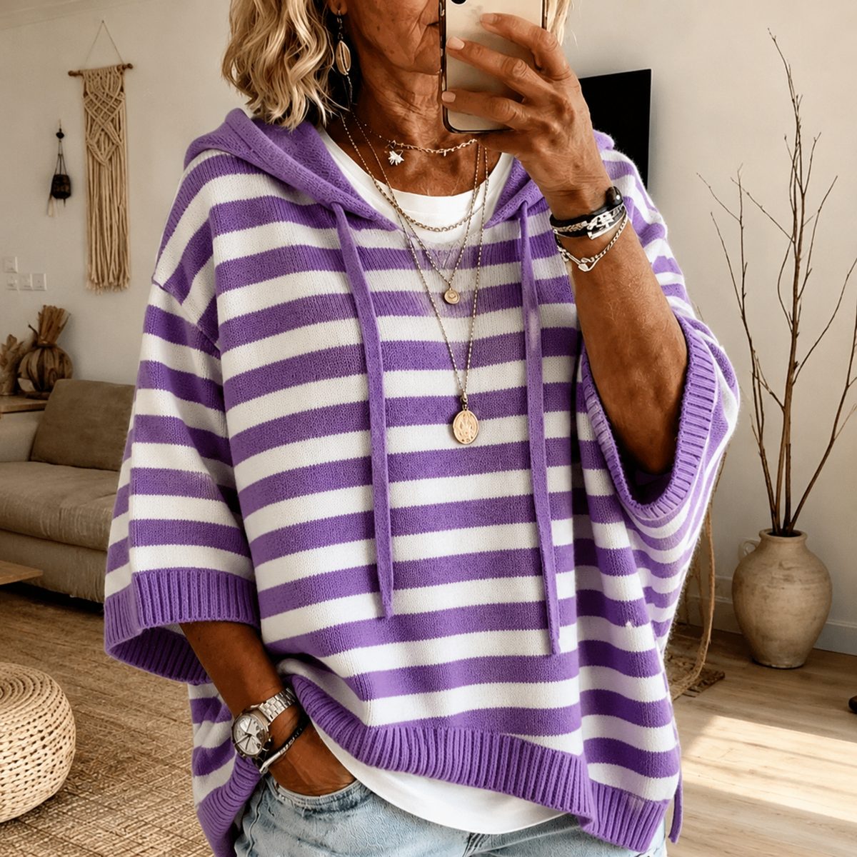 Anamartinezmadrid Adela | Jersey Poncho de Rayas con Capucha en Morado