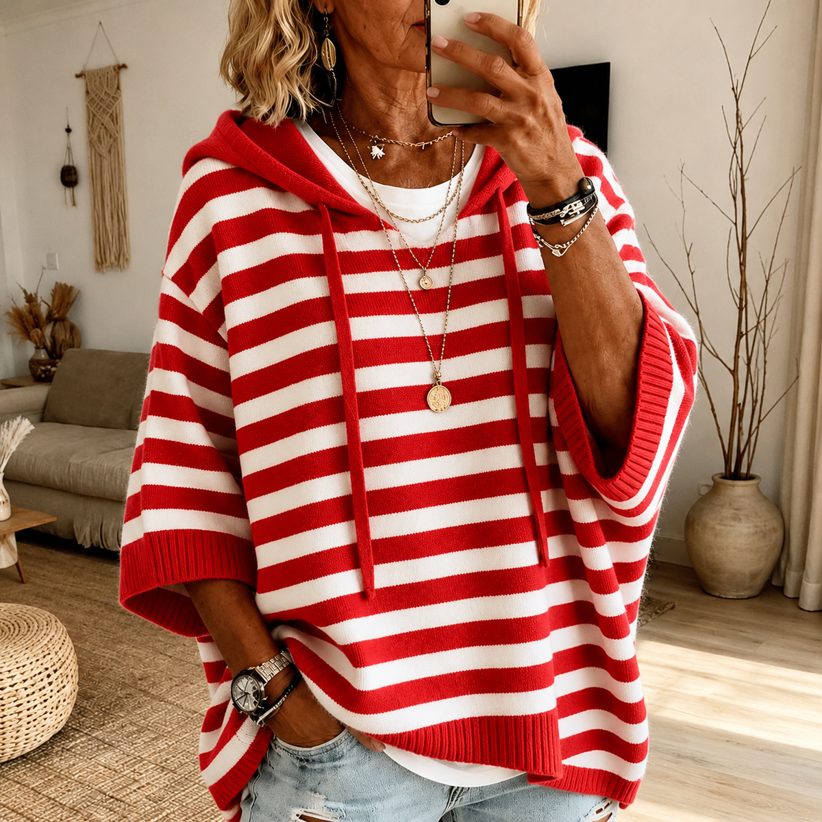 Anamartinezmadrid Clotilde | Jersey Poncho de Rayas con Capucha en Rojo