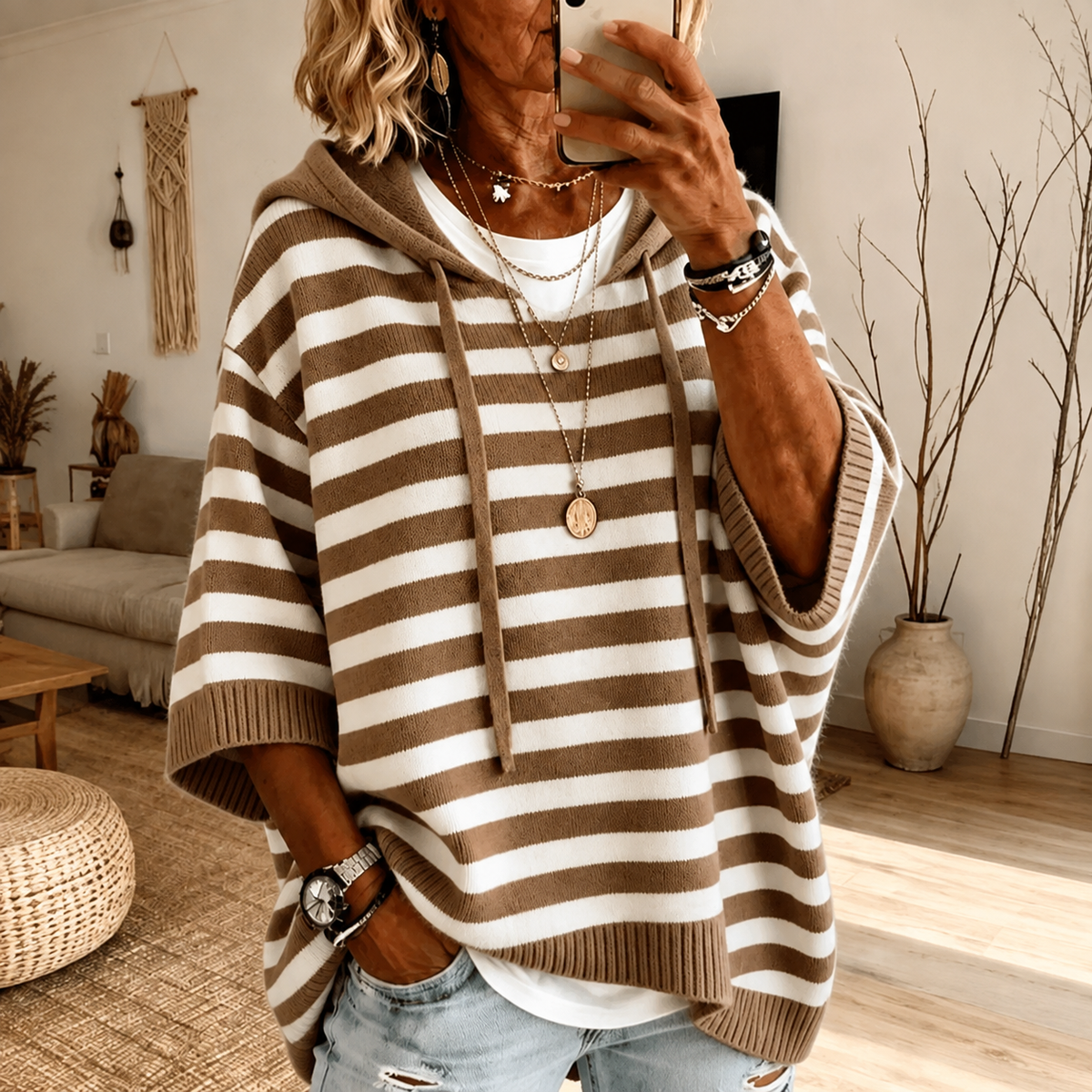 Anamartinezmadrid Miren | Jersey Poncho de Rayas con Capucha en Topo