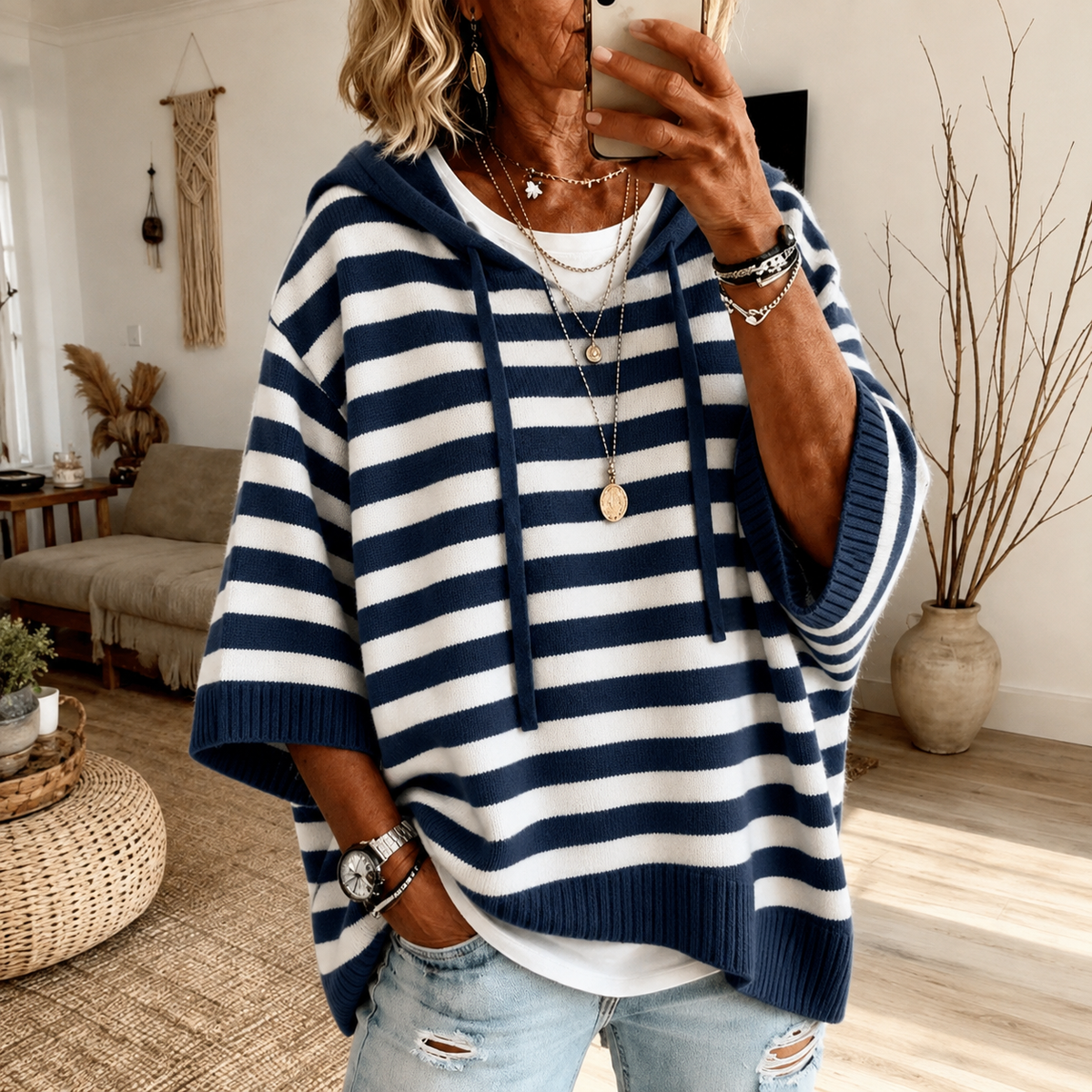 Anamartinezmadrid Mara | Jersey Poncho de Rayas con Capucha en Azul Marino