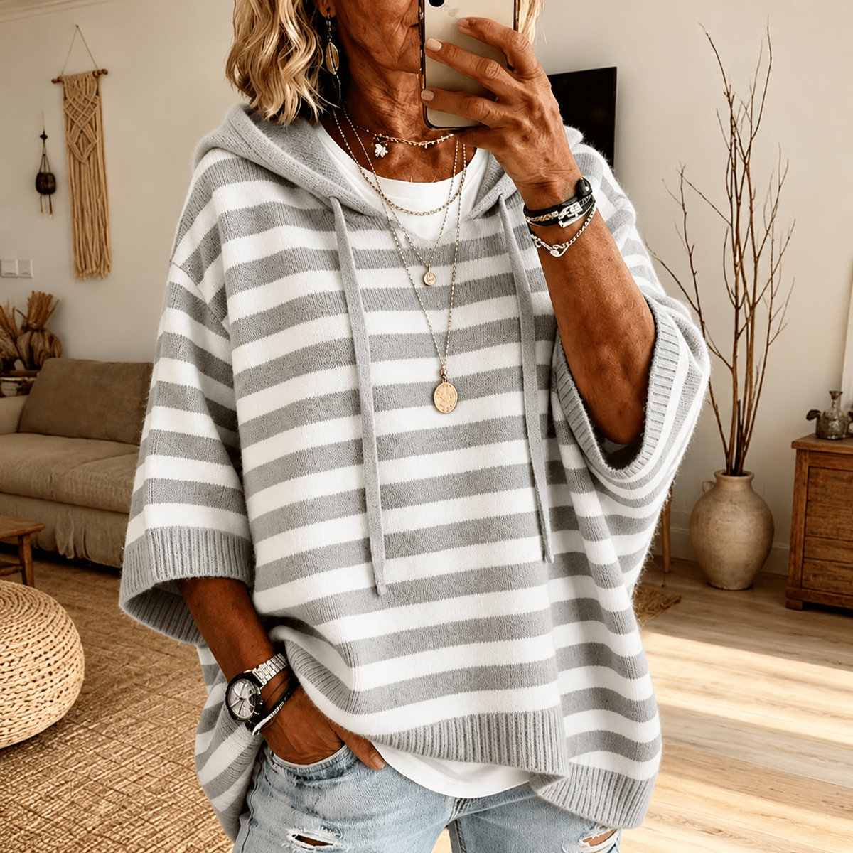 Anamartinezmadrid Serena | Jersey Poncho de Rayas con Capucha en Gris