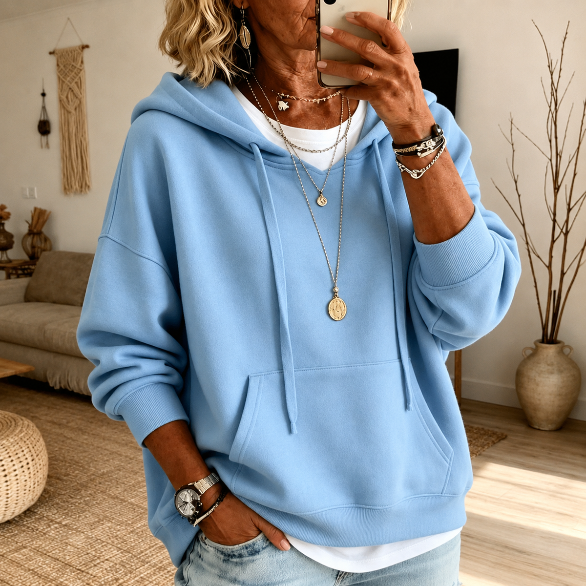 Anamartinezmadrid Iris | Jersey Oversize con Capucha y Bolsillo Canguro en Azul Cielo