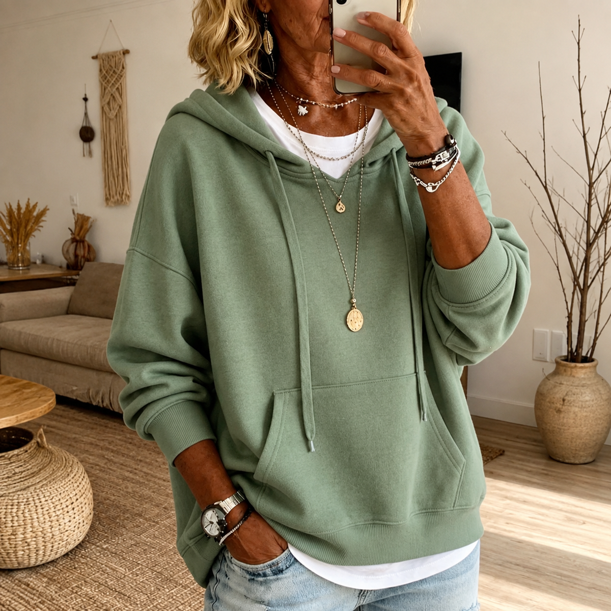 Anamartinezmadrid Amanda | Jersey Oversize con Capucha y Bolsillo Canguro en Verde Salvia