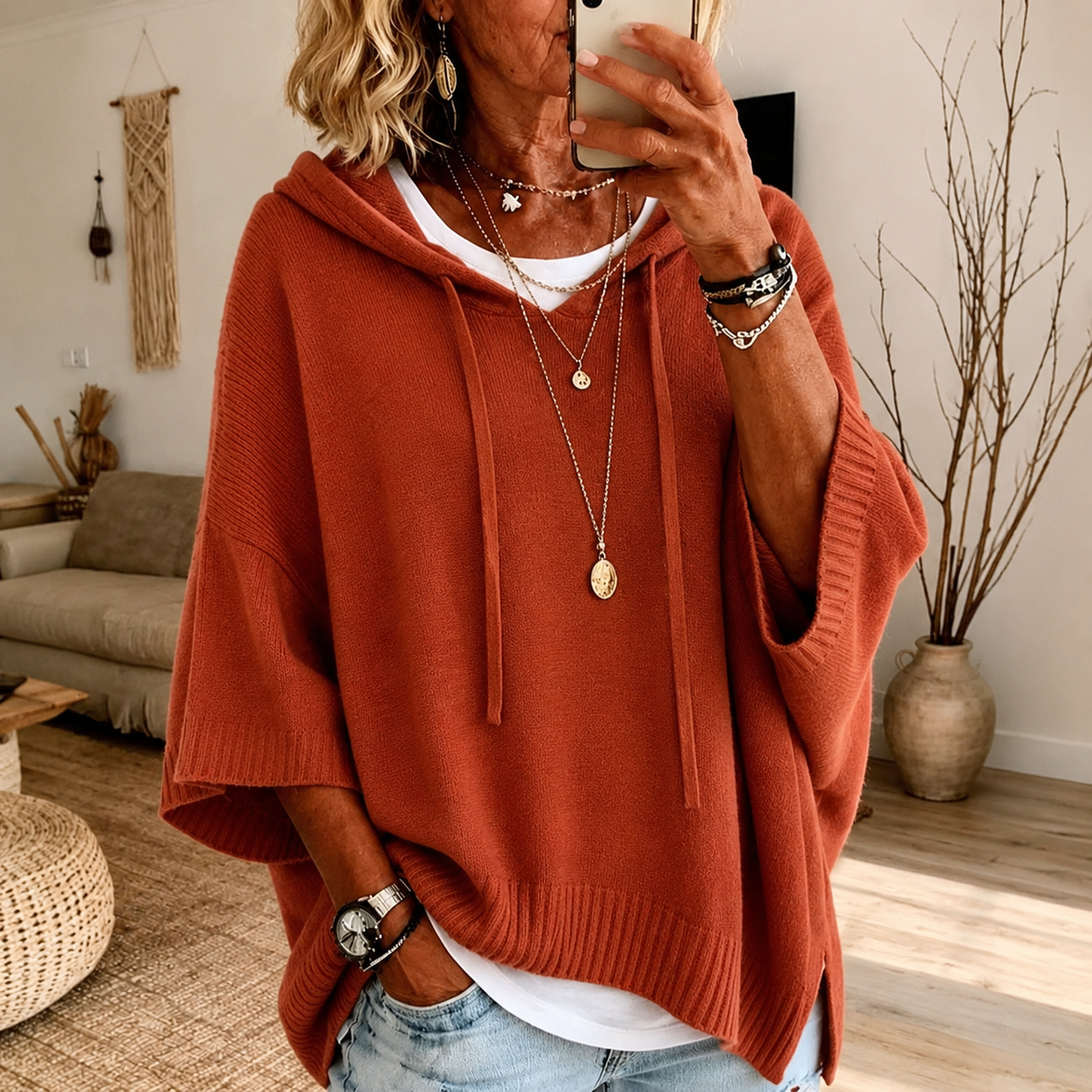 Anamartinezmadrid Otilia | Jersey Poncho con Capucha en Terracota