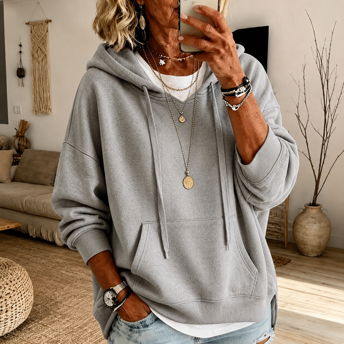 Anamartinezmadrid Emilia | Jersey Oversize con Capucha y Bolsillo Canguro en Gris Claro