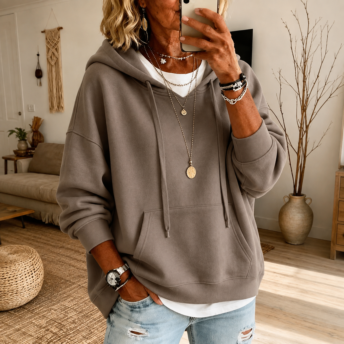 Anamartinezmadrid Elsa | Jersey Oversize con Capucha y Bolsillo Canguro en Topo