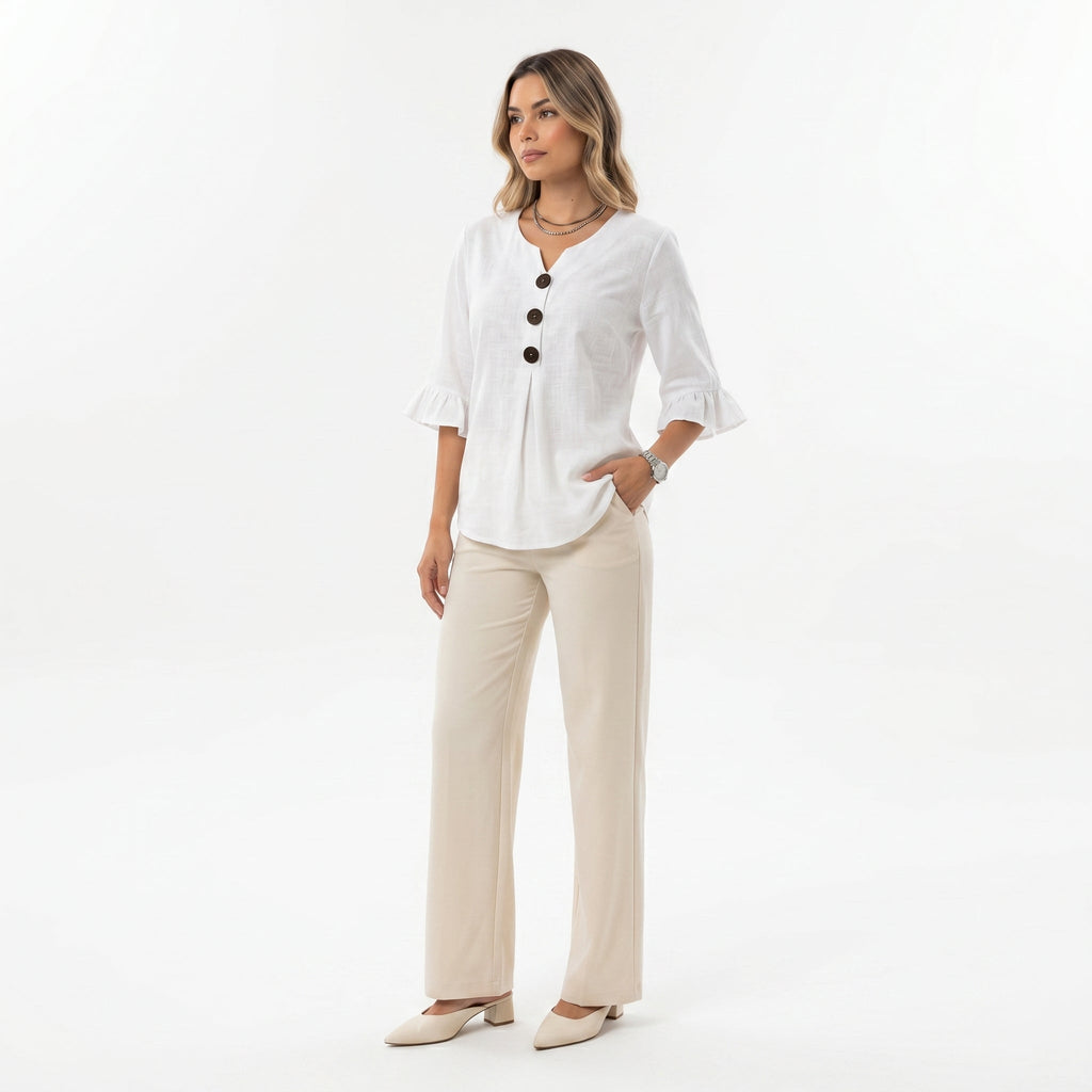 Marina Roca Blusa Inés de algodón-lino lisa con botones de madera y volantes