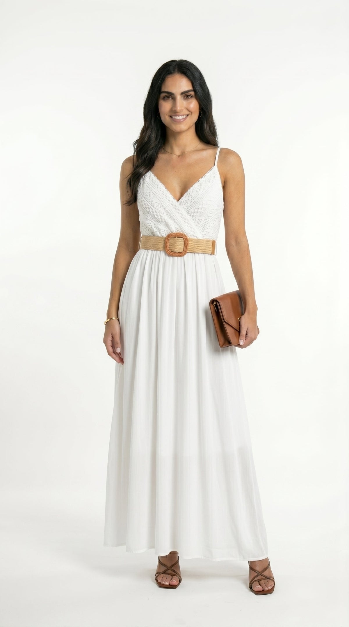 Marina Roca Elena | Vestido largo liso con pecho de encaje