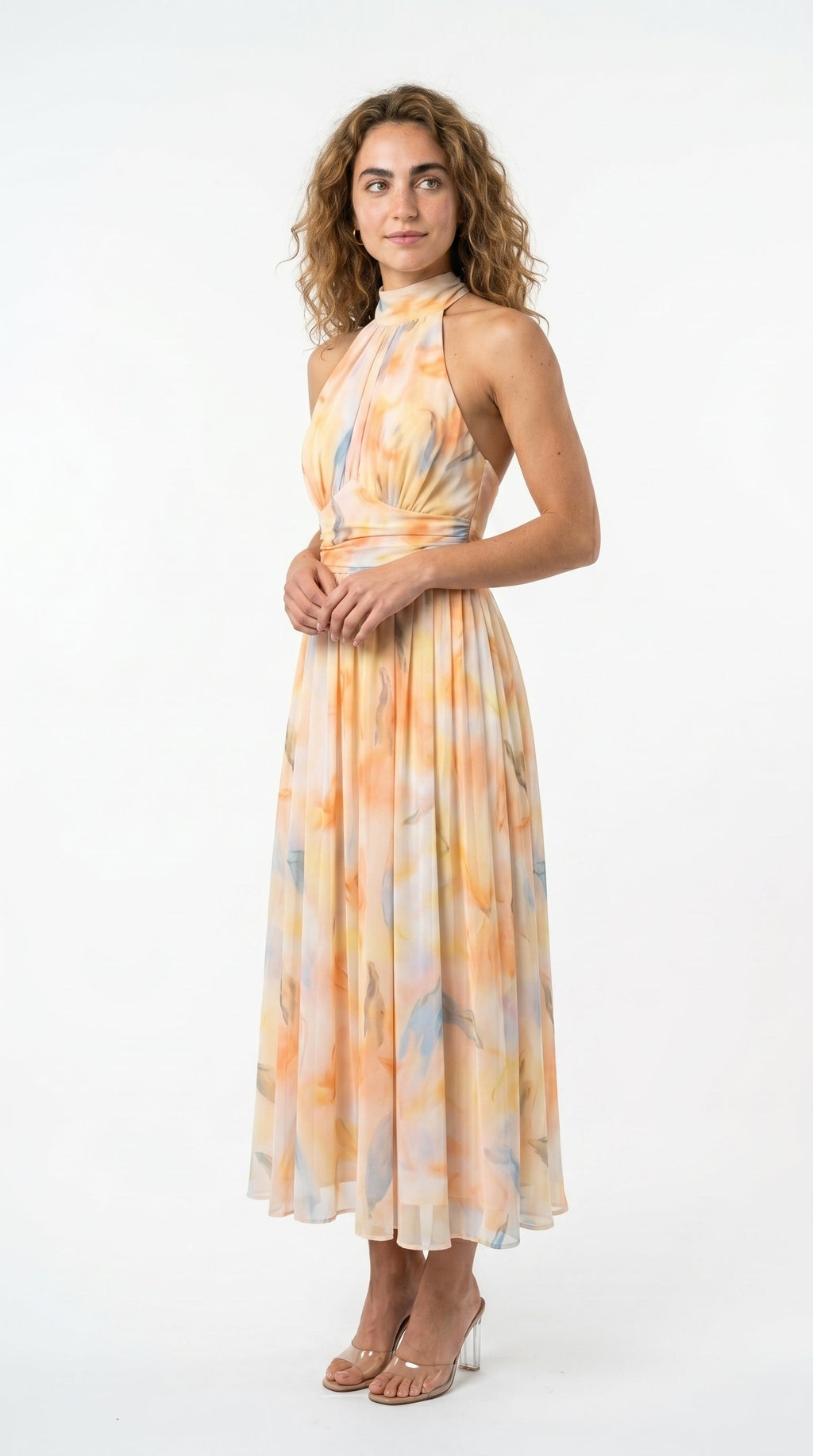 Marina Roca Aura | Vestido estampado con cuello Halter y cintura ajustable