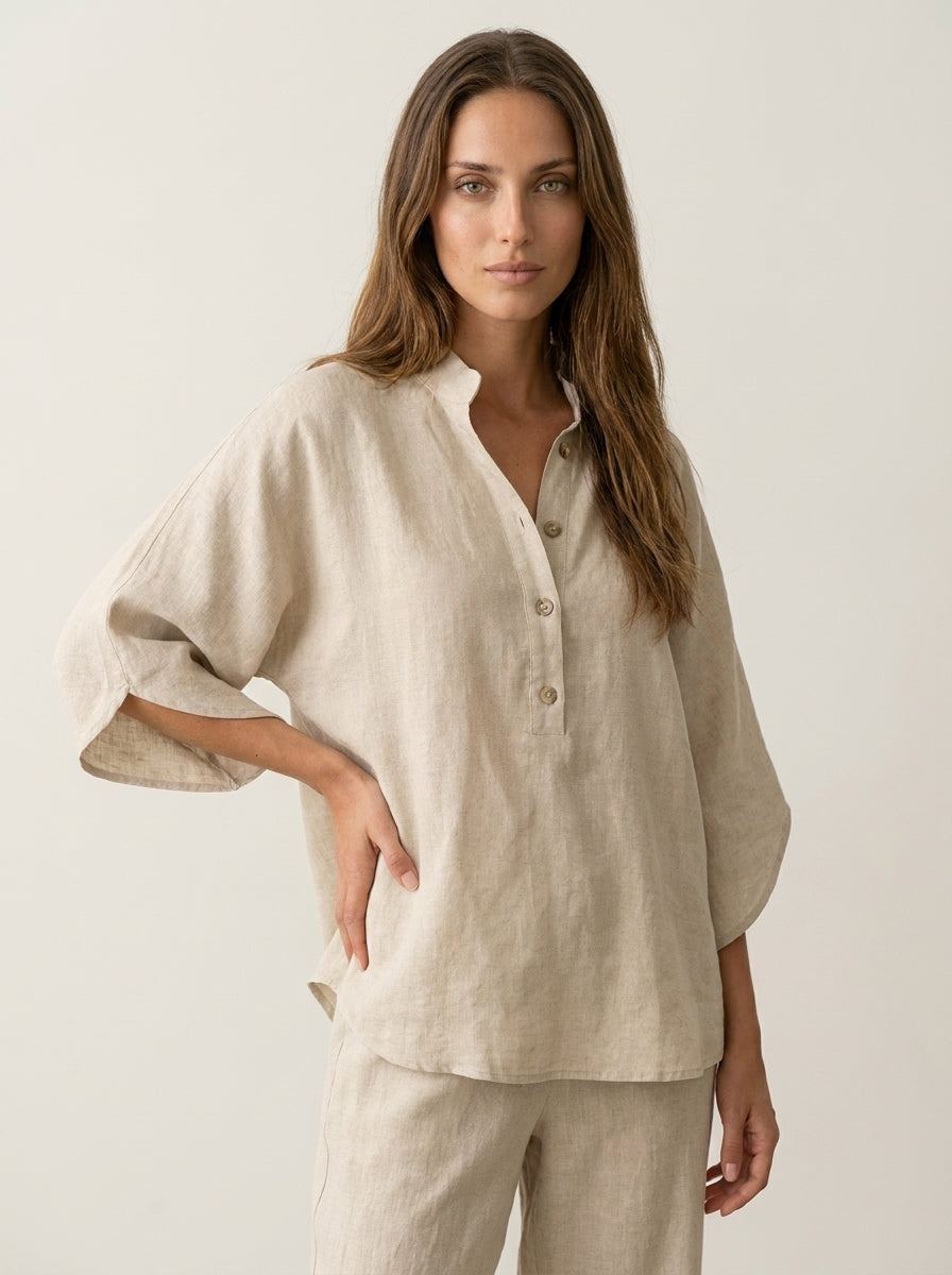 Olivia Sur Maribel - Conjunto de Lino con Mangas Murciélago y Pantalón Ancho – Beige – photo 4
