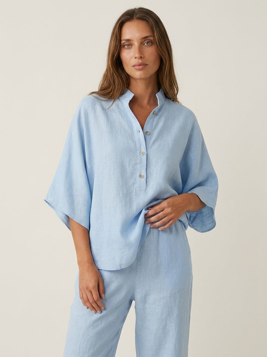 Olivia Sur Maribel - Conjunto de Lino con Mangas Murciélago y Pantalón Ancho – Azul Claro – photo 6