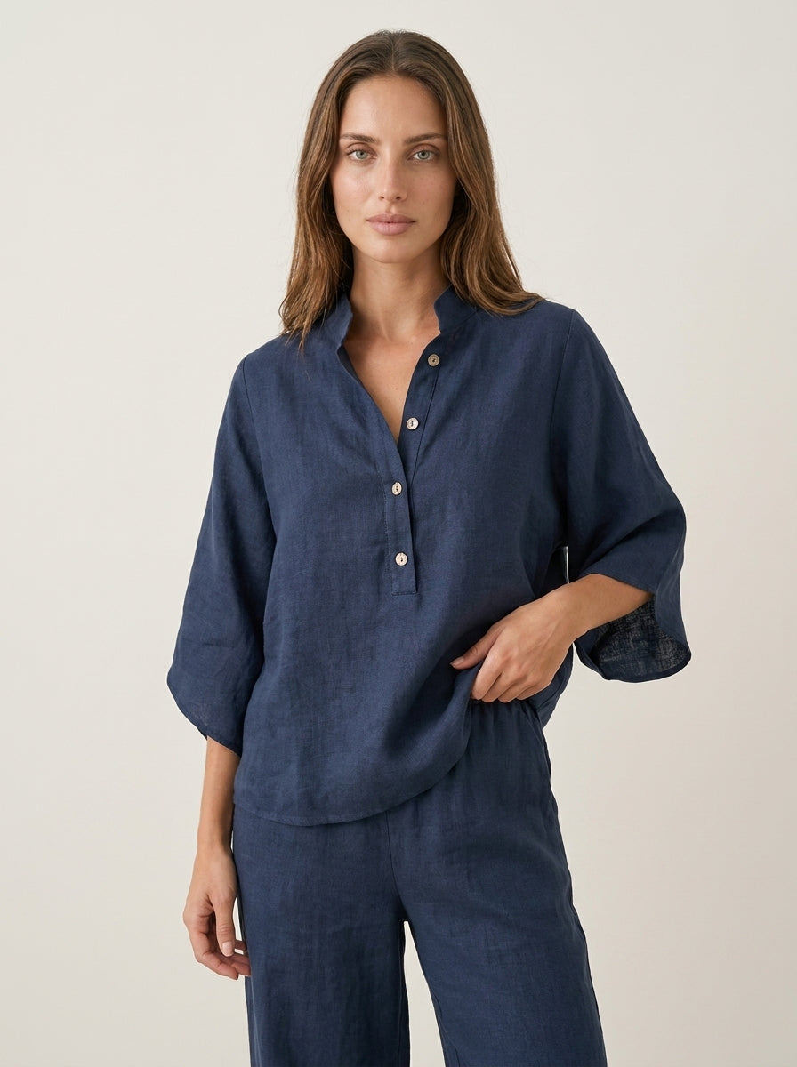 Olivia Sur Maribel - Conjunto de Lino con Mangas Murciélago y Pantalón Ancho – Azul Marino