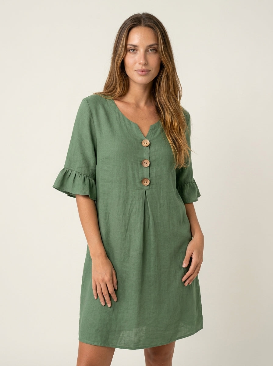 Vanesa | Vestido con textura de lino con manga abullonada y botones