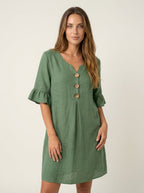 Vanesa | Vestido con textura de lino con manga abullonada y botones