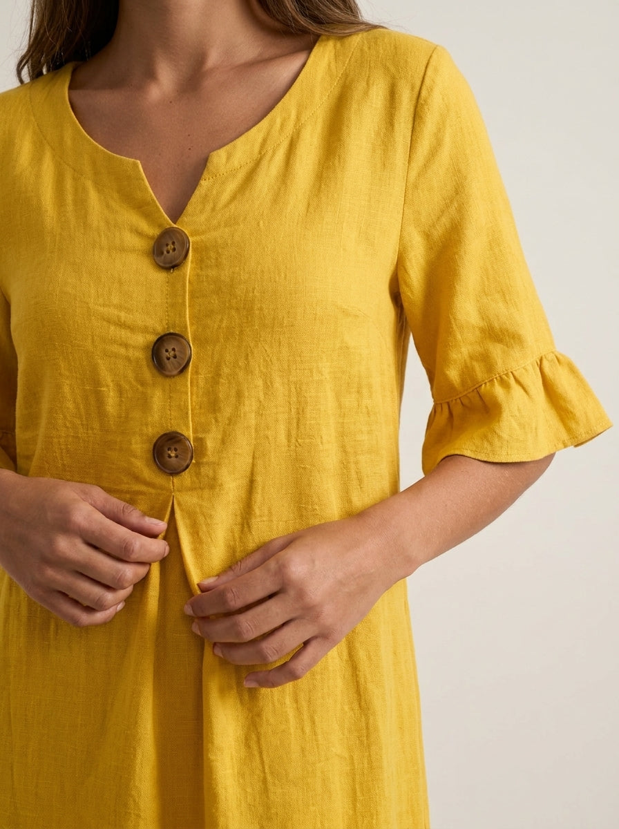 Olivia Sur Vanesa - Vestido con Textura de Lino con Manga Abullonada y Botones – photo 11