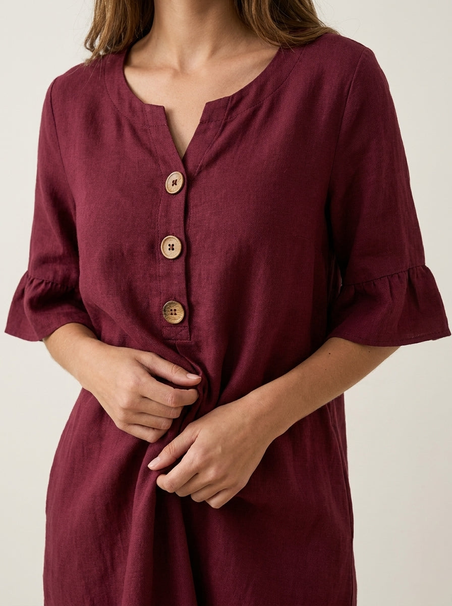 Vanesa | Vestido con textura de lino con manga abullonada y botones