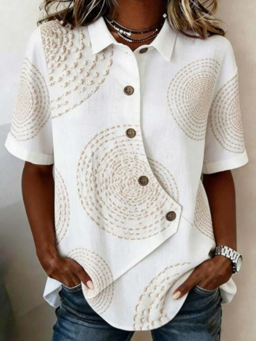 Marina Roca Victoria - Blusa Asimétrica de Algodón-Lino con Botones – Blanco con motivo – photo 5