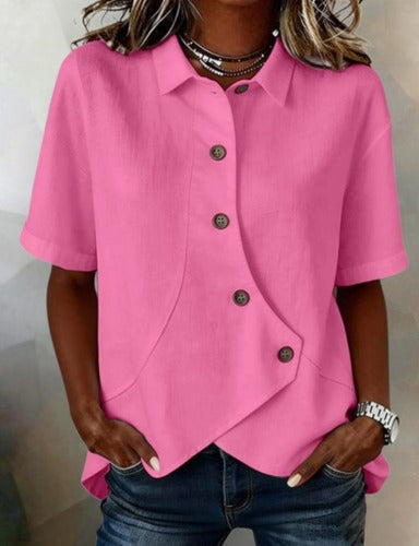 Marina Roca Victoria - Blusa Asimétrica de Algodón-Lino con Botones – Rosa – photo 3
