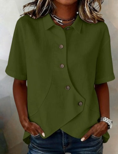 Marina Roca Victoria - Blusa Asimétrica de Algodón-Lino con Botones – Verde oscuro – photo 7