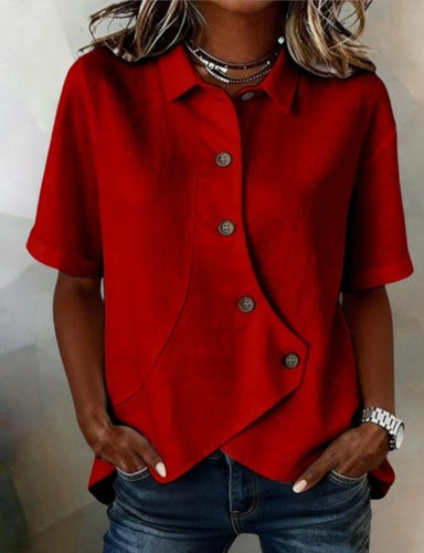 Marina Roca Victoria - Blusa Asimétrica de Algodón-Lino con Botones – Rojo – photo 10