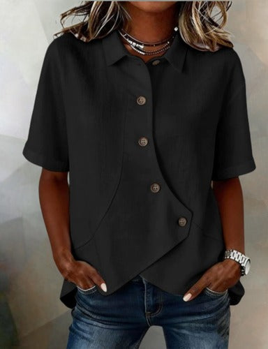 Marina Roca Victoria - Blusa Asimétrica de Algodón-Lino con Botones – Negro – photo 11
