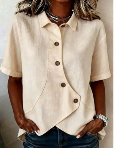 Marina Roca Victoria - Blusa Asimétrica de Algodón-Lino con Botones – Crema – photo 12