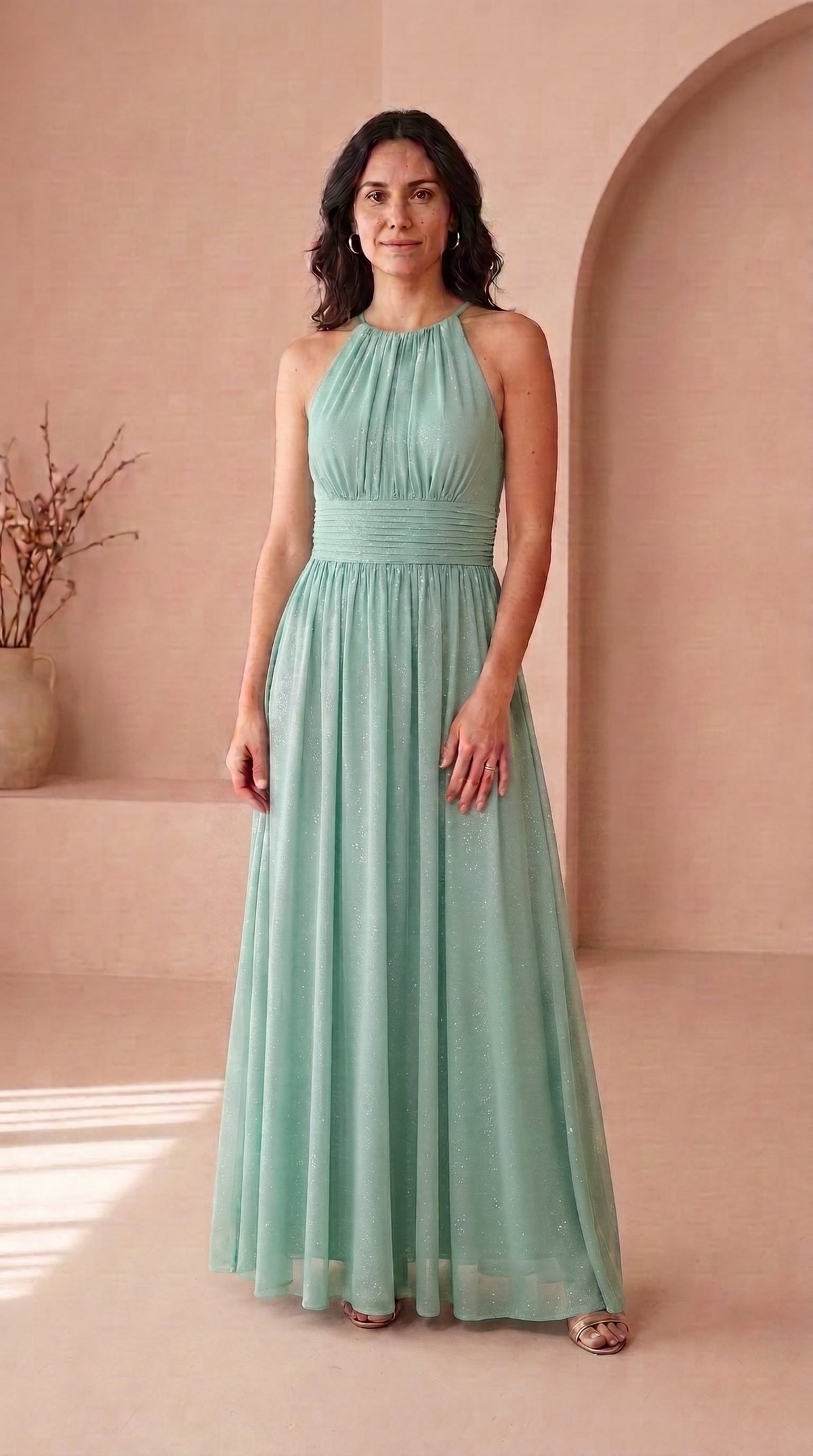 Anamartinezmadrid Estela | Vestido Largo de Fiesta con Brillo y Escote Halter – Verde Agua – photo 11
