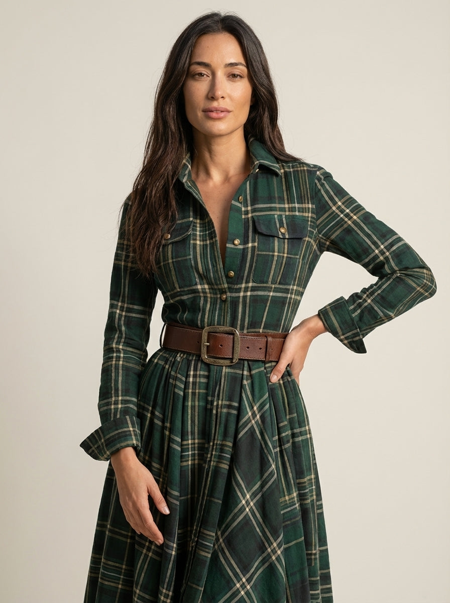 Aitana Hernández Beatriz - Vestido Largo de Cuadros con Cinturón – Verde – photo 4