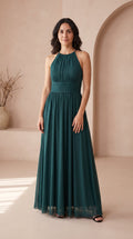 Anamartinezmadrid Estela | Vestido Largo de Fiesta con Brillo y Escote Halter – Verde Petróleo