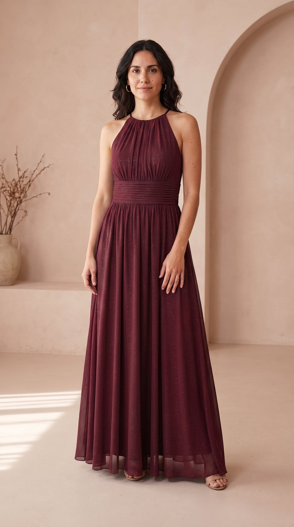 Anamartinezmadrid Estela | Vestido Largo de Fiesta con Brillo y Escote Halter – Burdeos – photo 5