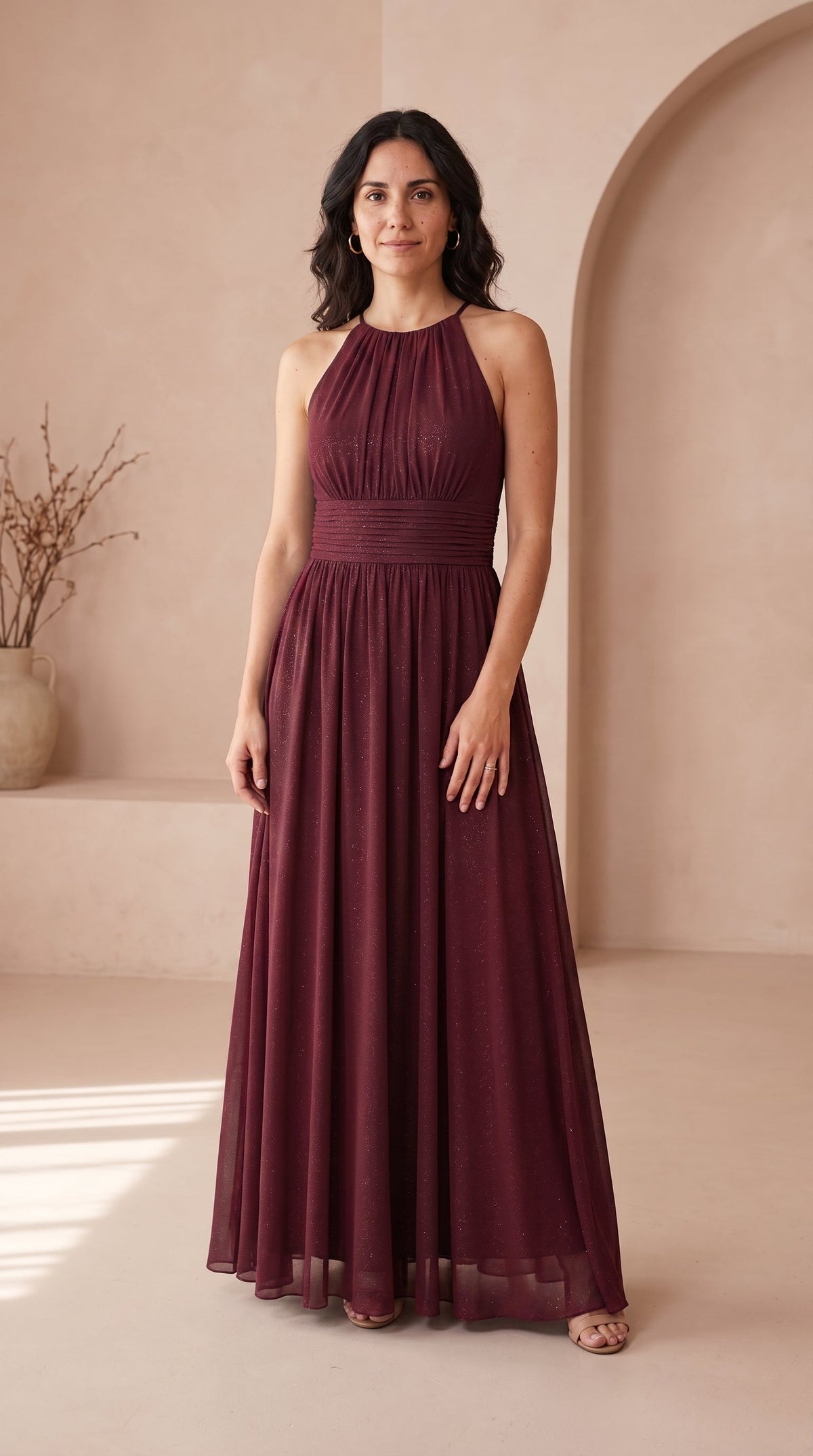 Anamartinezmadrid Estela | Vestido Largo de Fiesta con Brillo y Escote Halter – Burdeos – photo 5