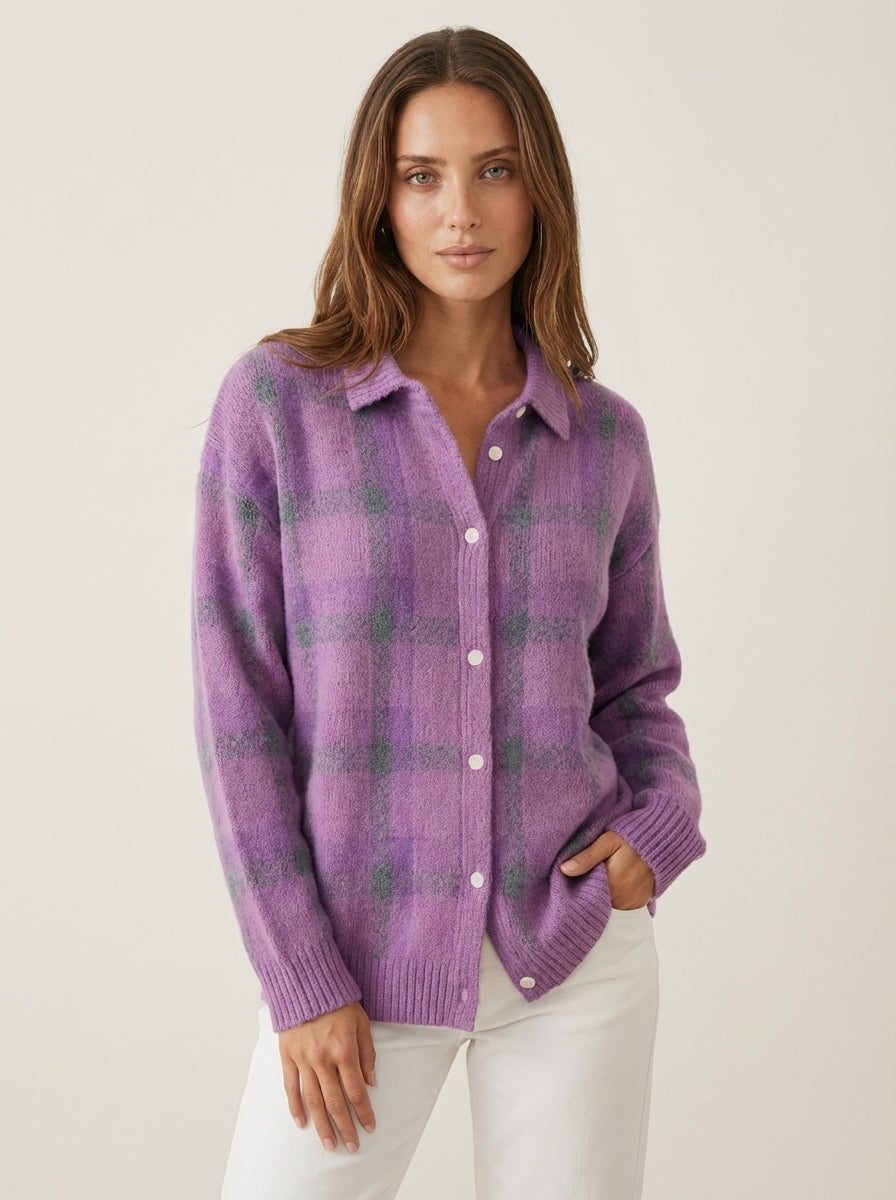 Aubert Paris Anna - Cárdigan de Punto Premium a Cuadros – Violeta – photo 4