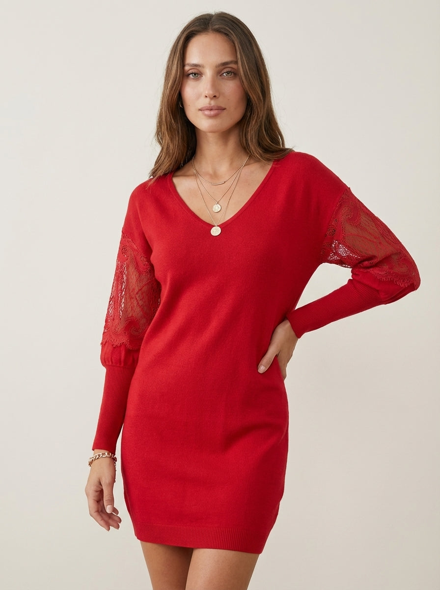 My Store Eva - Vestido Elegante en Encaje con Escote en V – Rojo – photo 4