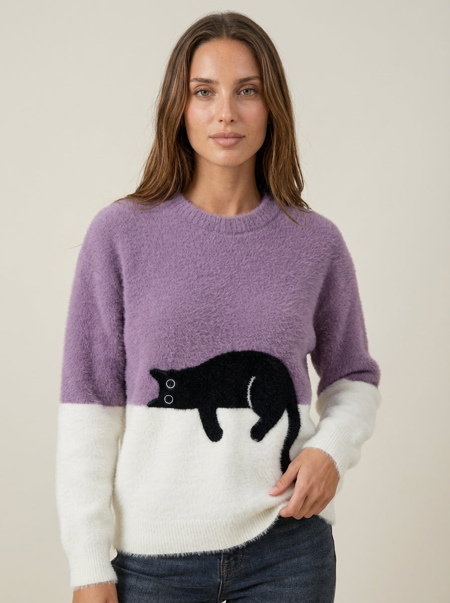 Vela Montesa Luna - Sudadera para Mujer con Gráfico de Gato – Violeta