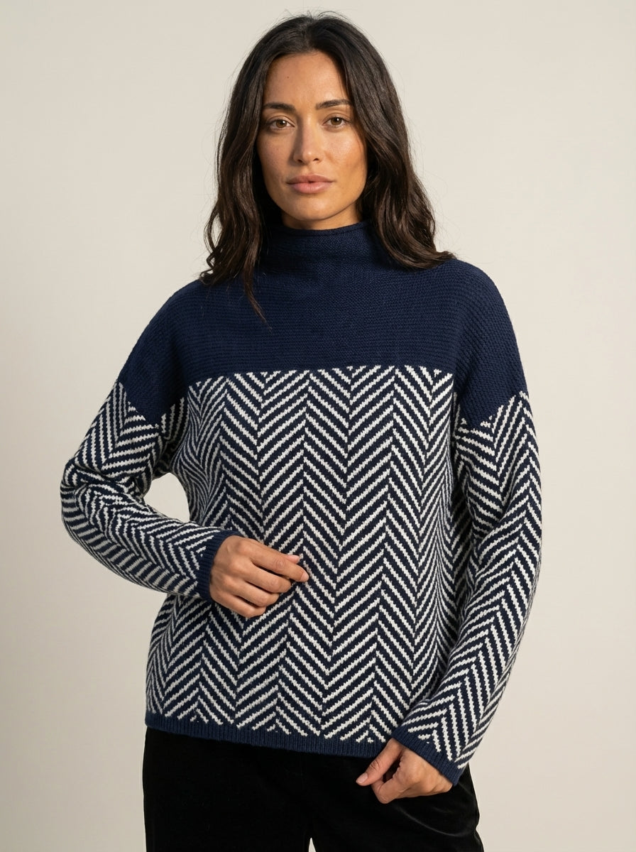 Lunoré Nora - Jersey Elegante de Cuello Alto – Azul Oscuro