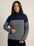 Lunoré Nora - Jersey Elegante de Cuello Alto – Azul Oscuro