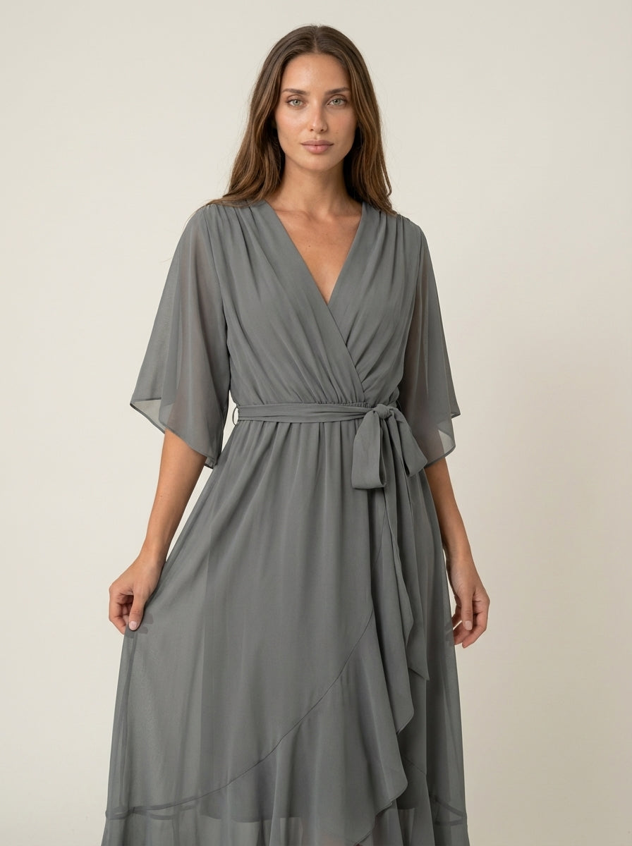 Liora Barcelona Mónica - Vestido de Chiffon con Escote en V – Gris – photo 8