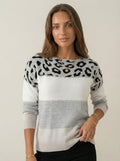 Clara’s Boutique Hamptons Diana - Suéter de Punto con Detalles de Leopardo – Gris