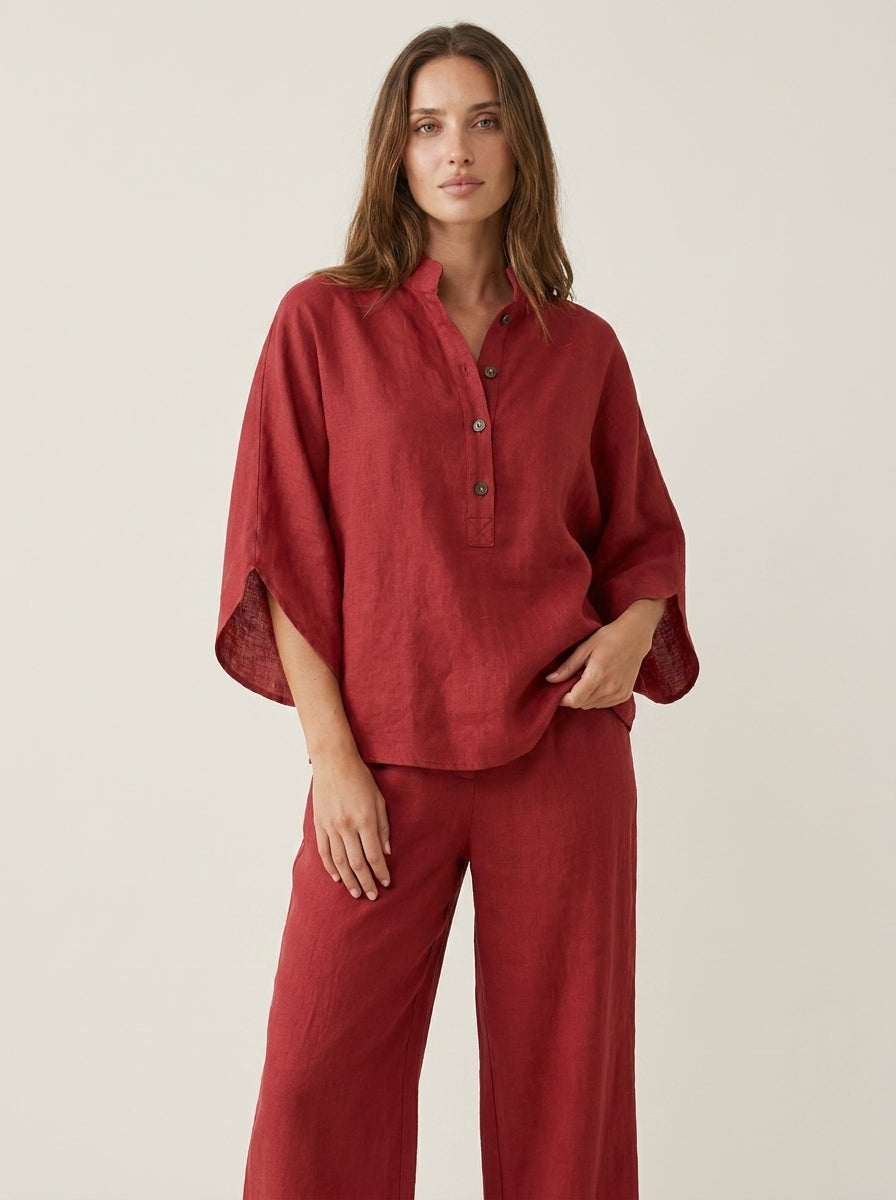 Olivia Sur Maribel - Conjunto de Lino con Mangas Murciélago y Pantalón Ancho – Rojo – photo 12