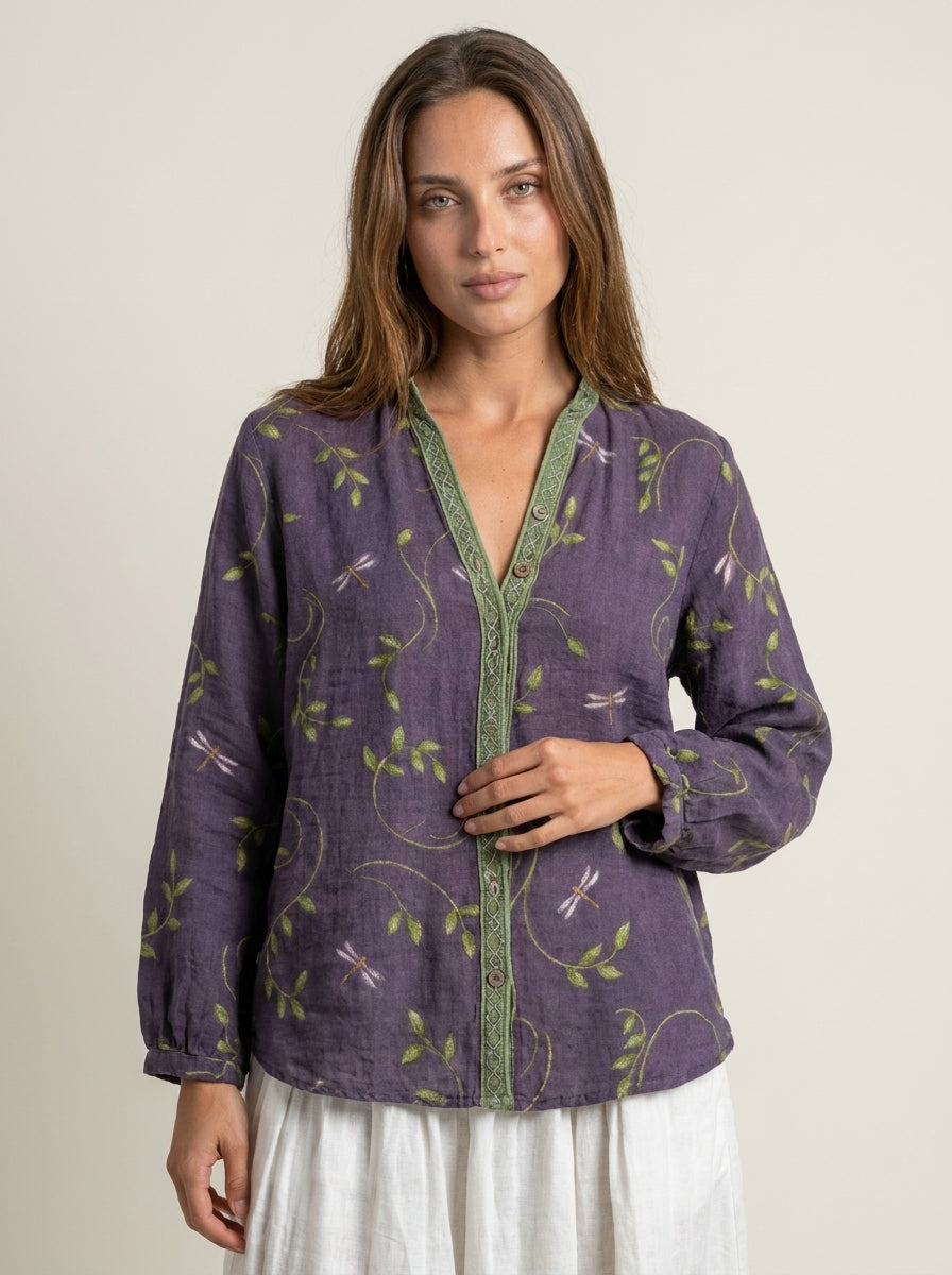 Medina Córdoba Brianna - Camisa Elegante Vintage con Estampado Floral – Morado